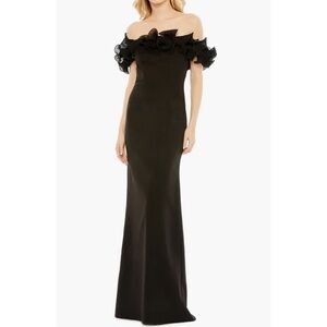 Ieena for Mac Duggal Off the Shoulder Ruffle Sheath Gown Black 49463 Size 16 NEW